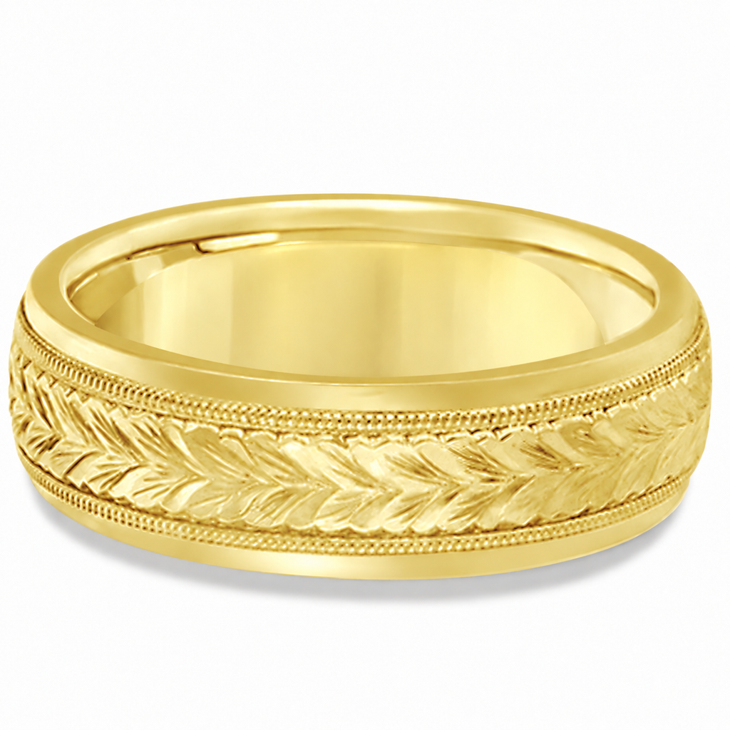 4.5mm yellow gold hand engraved wedding band front view
