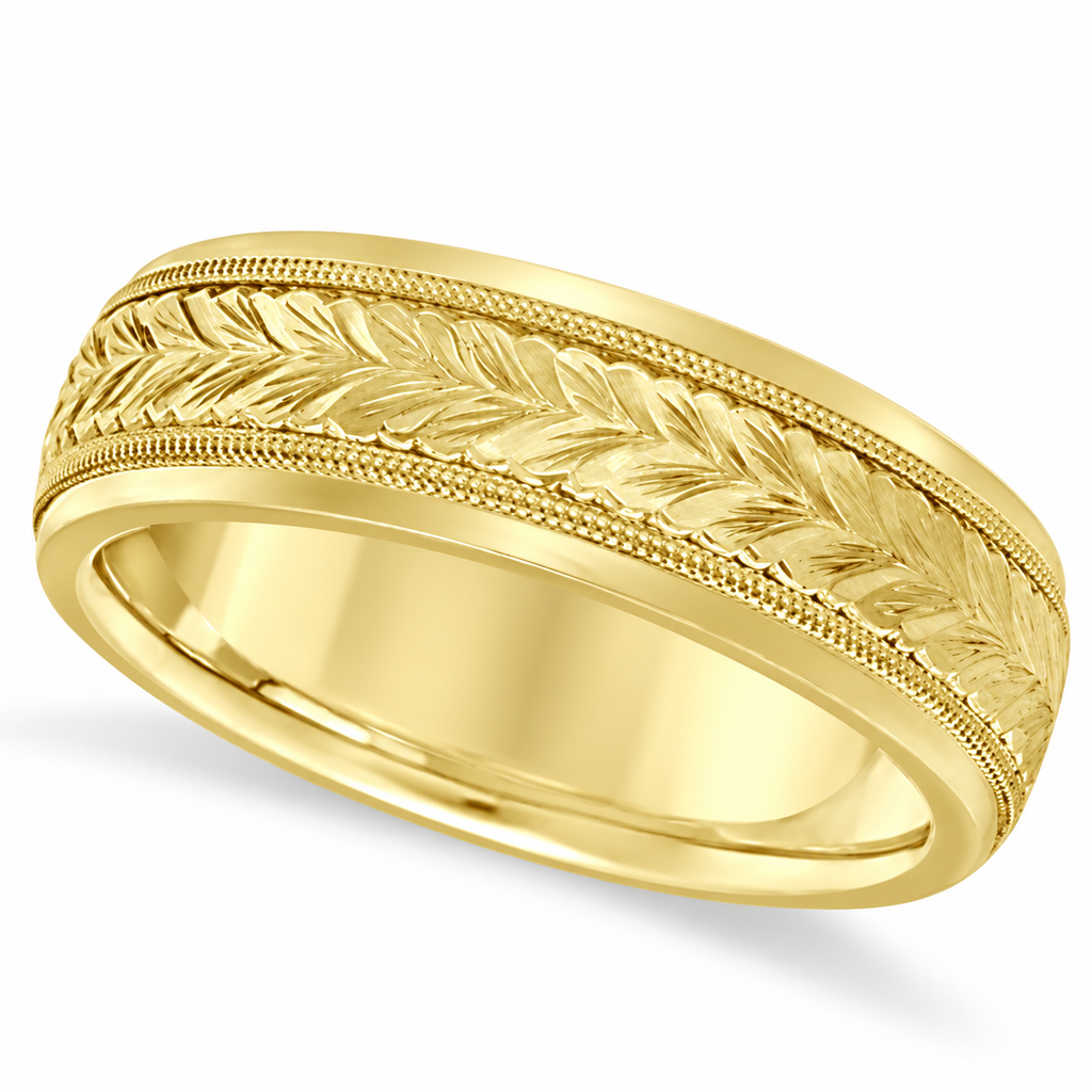4.5mm 18k yellow gold hand engraved wedding band hero