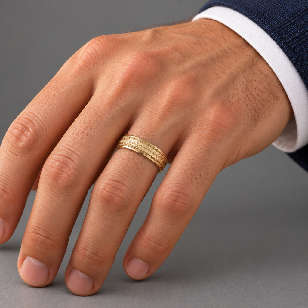 4.5mm 18k yellow gold leaf wedding band on a man's ring finger, studio close-up