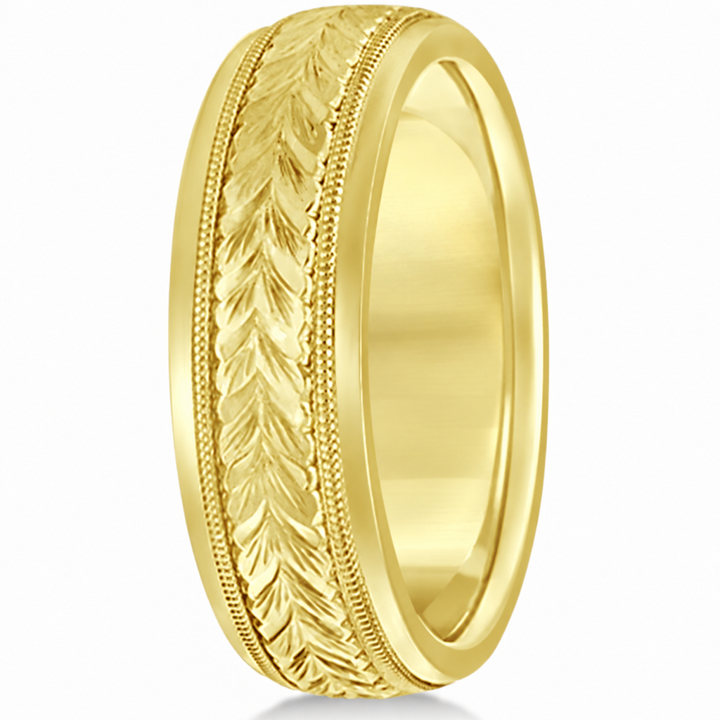 4.5mm yellow gold hand engraved wedding band upright view