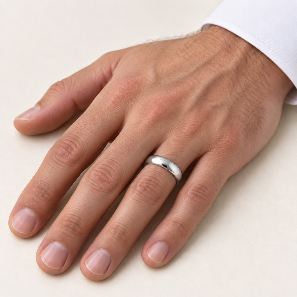 Dome Comfort Fit Wedding Ring Band Platinum (5mm) — male hand close-up