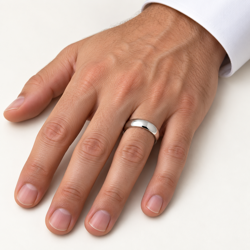 Dome Comfort Fit Wedding Ring Band Palladium (5mm) — male hand close-up
