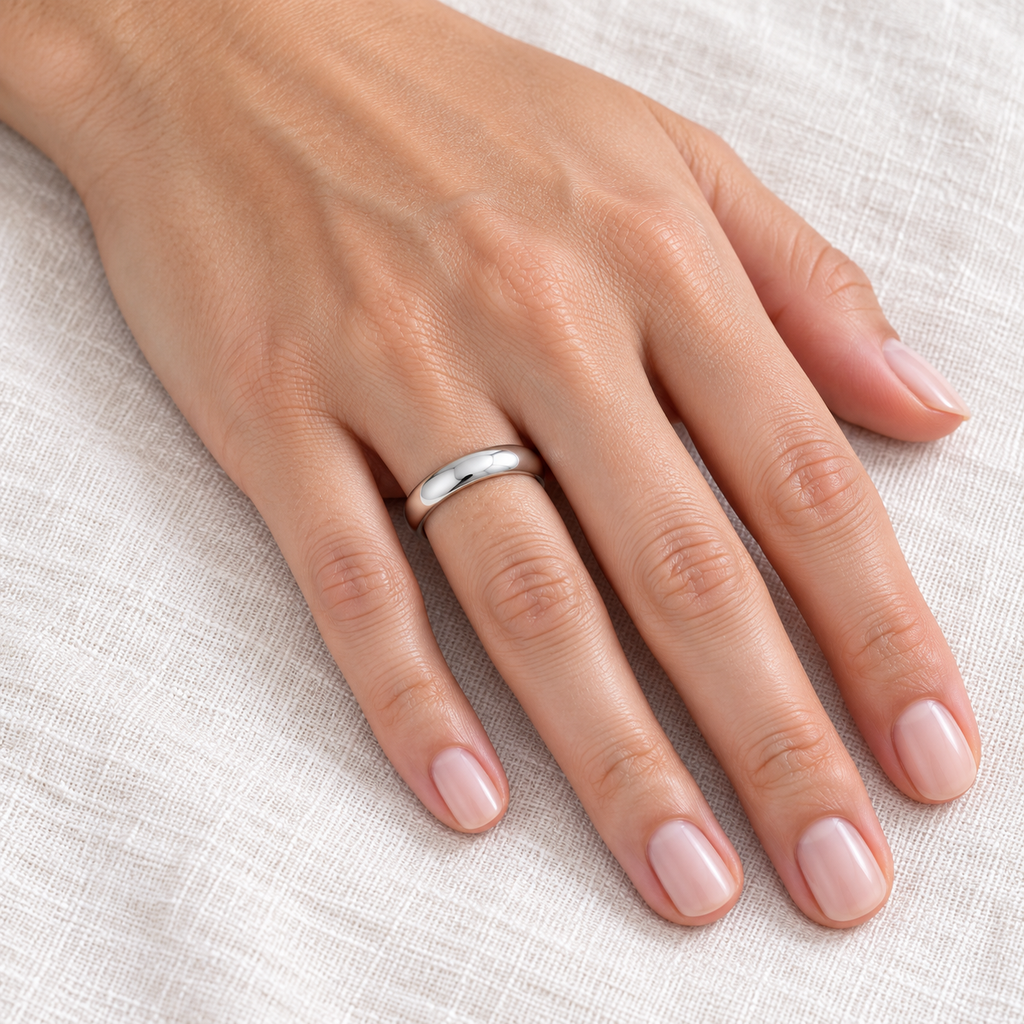 Dome Comfort Fit Wedding Ring Band 14k White Gold (4mm) - Female hand wearing 4mm wedding band