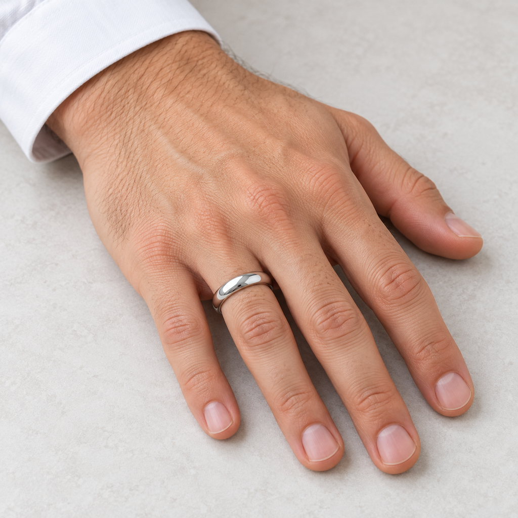 Dome Comfort Fit Wedding Ring Band 14k White Gold (4mm) - Male hand wearing wedding band