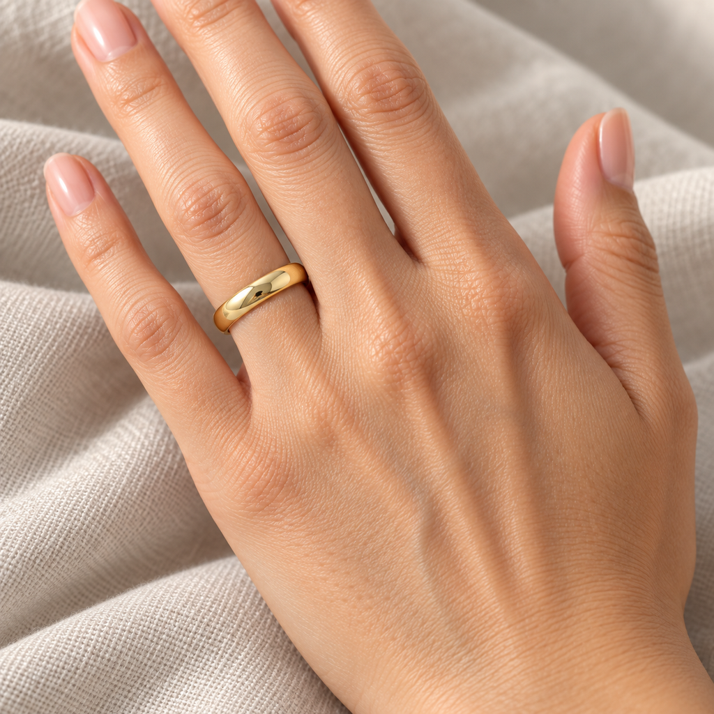 Dome Comfort Fit Wedding Ring Band 14k Yellow Gold (4mm) — female hand wearing wedding band