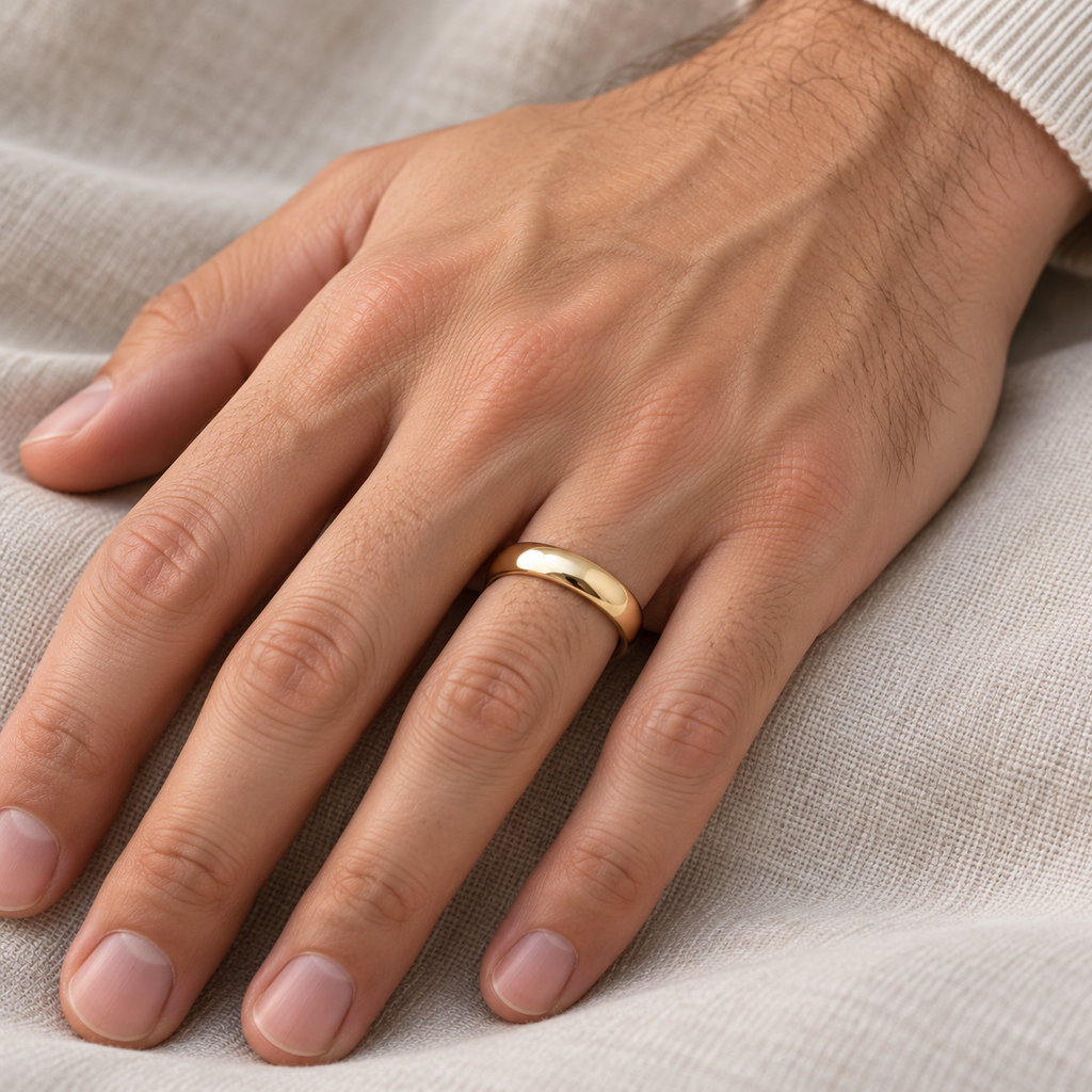 Dome Comfort Fit Wedding Ring Band 14k Yellow Gold (4mm) — male hand wearing wedding band