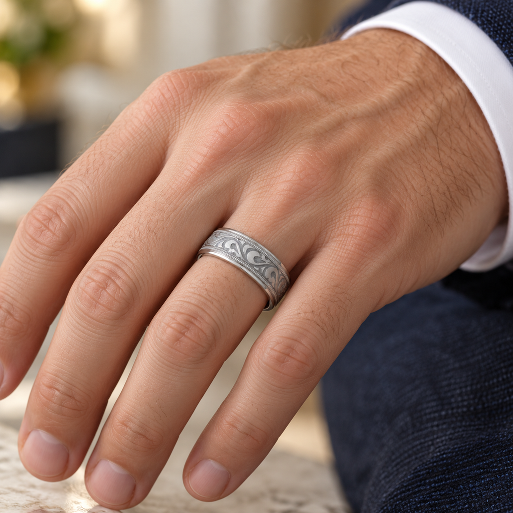 Antique Style Handmade Wedding Band in 14k White Gold (7.5mm) — Male hand wearing wedding band