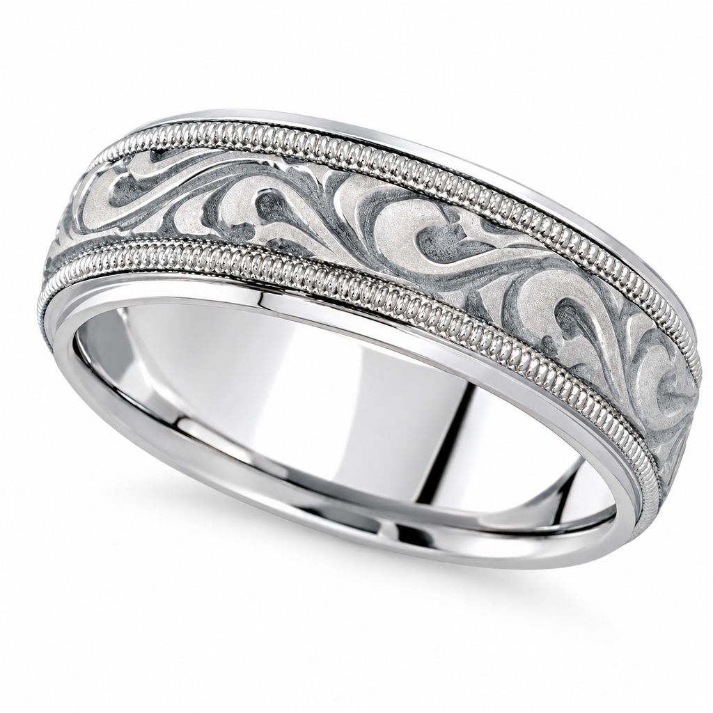 Antique Style Handmade Wedding Band in 14k White Gold (7.5mm) — Angled product view on white