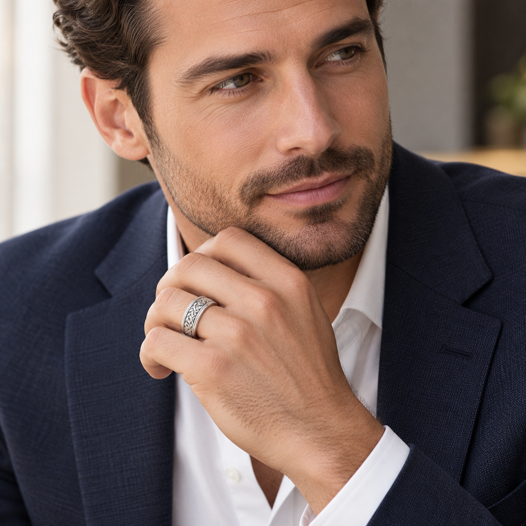 Antique Style Handmade Wedding Band in 14k White Gold (7.5mm) — Male portrait wearing wedding band