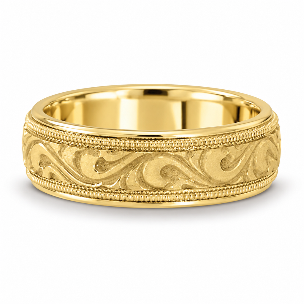 Antique Style Handmade Wedding Band in 14k Yellow Gold (7.5mm) - Front product view with natural shadow