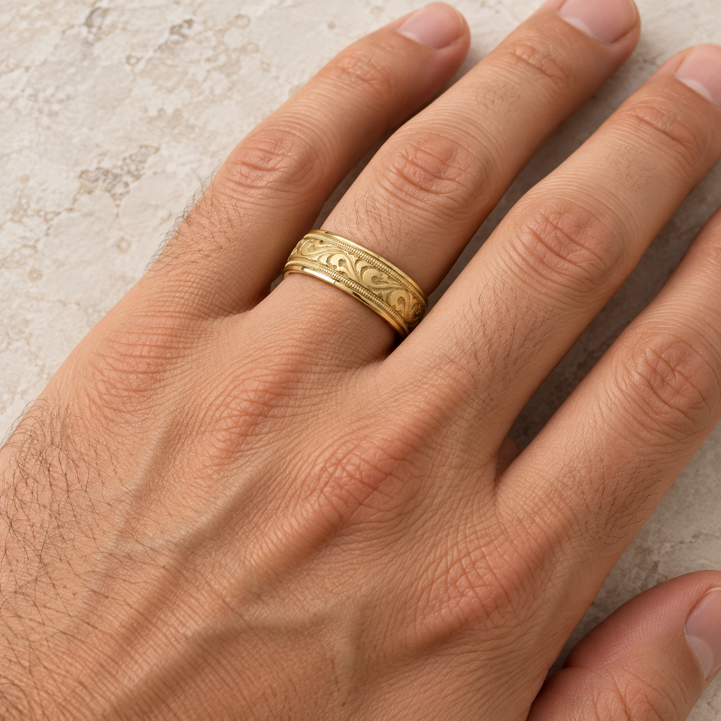 Antique Style Handmade Wedding Band in 14k Yellow Gold (7.5mm) - Male hand wearing wedding band