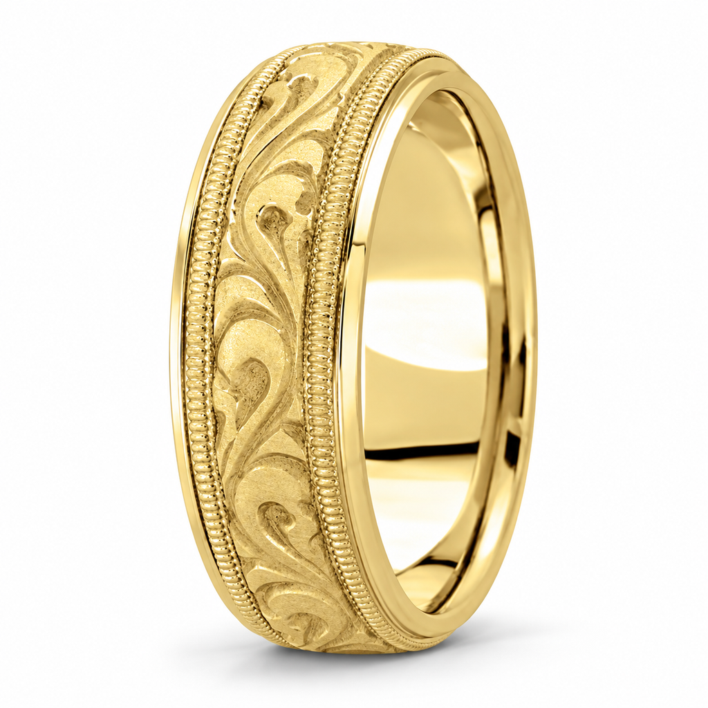Antique Style Handmade Wedding Band in 14k Yellow Gold (7.5mm) - Upright product view with natural shadow