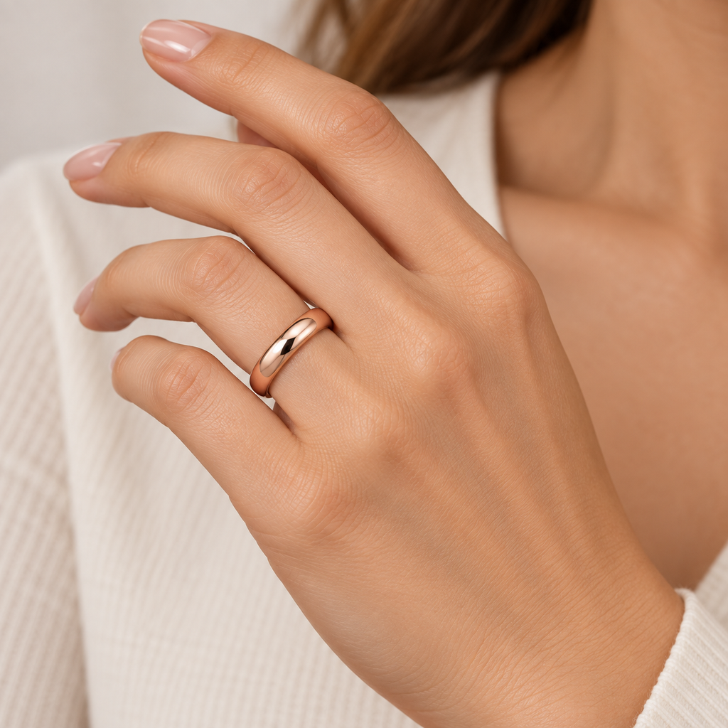 UB38R 4mm 14k rose gold dome wedding band on female hand