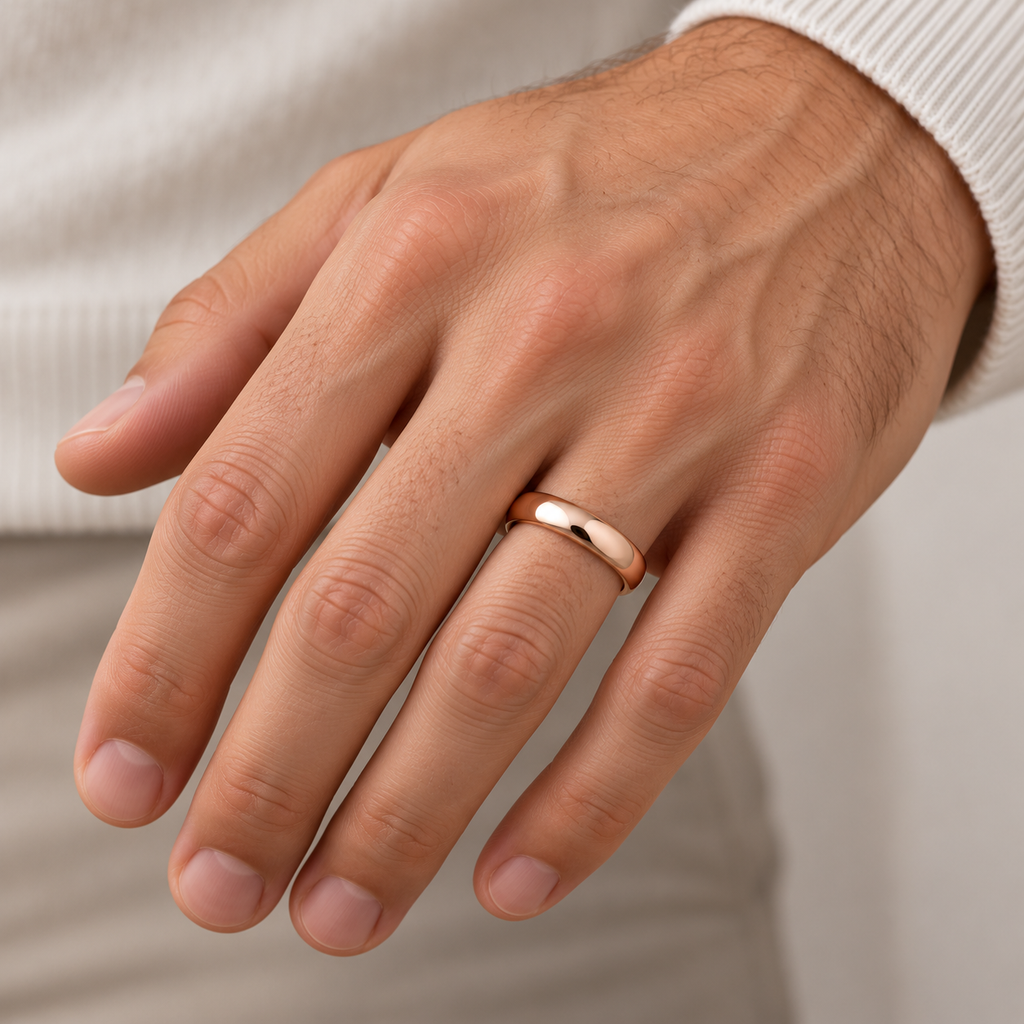 UB38R 4mm 14k rose gold dome wedding band on male hand
