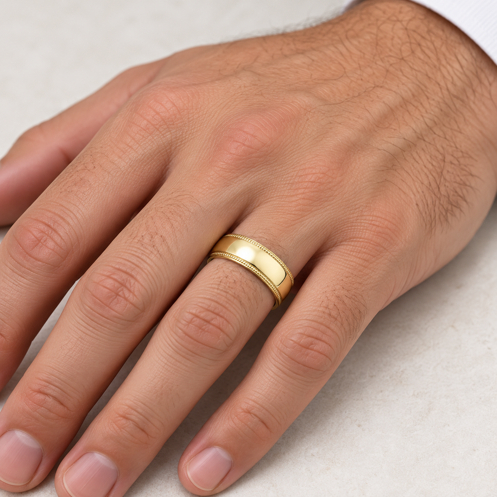 Men's Wedding Band Dome Comfort-Fit Milgrain 18k Yellow Gold (6 mm) — male hand close-up