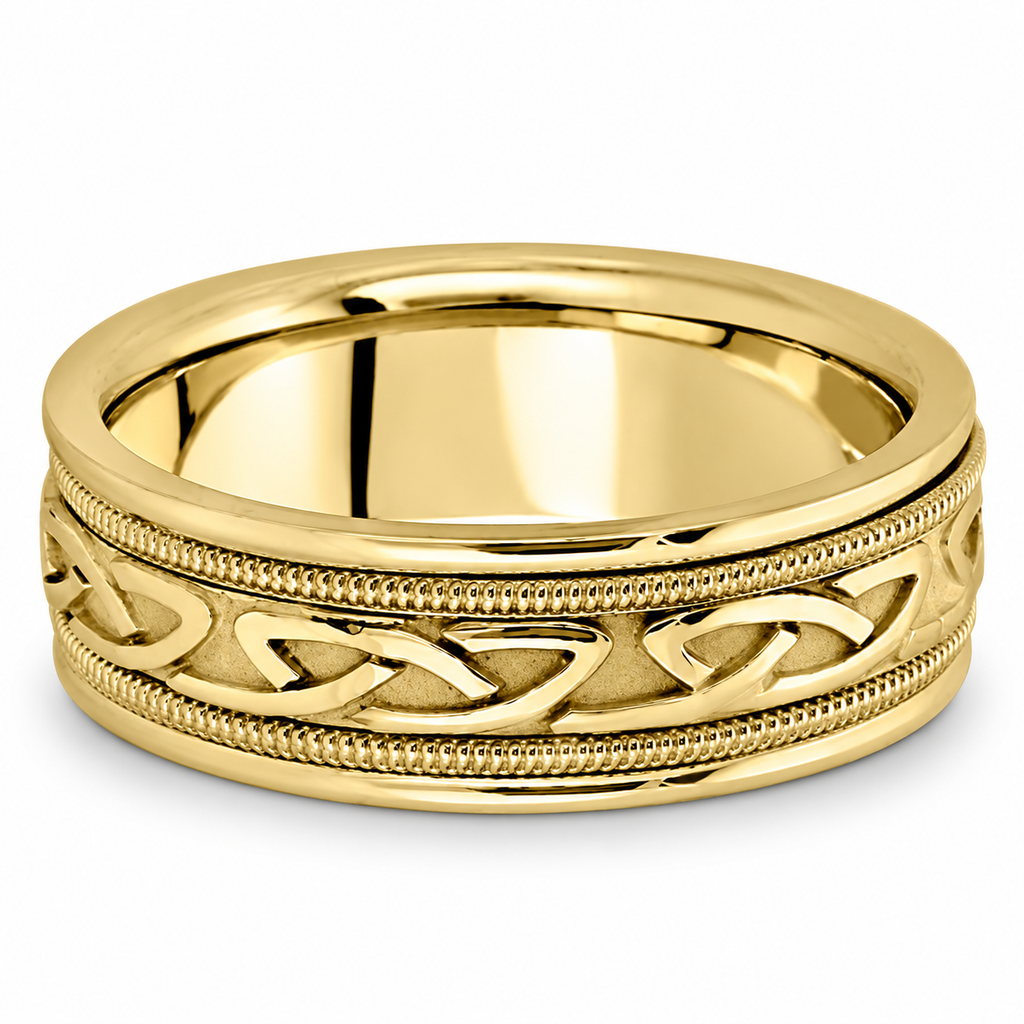 UB402 Celtic yellow gold wedding band, front alternate view with natural shadow