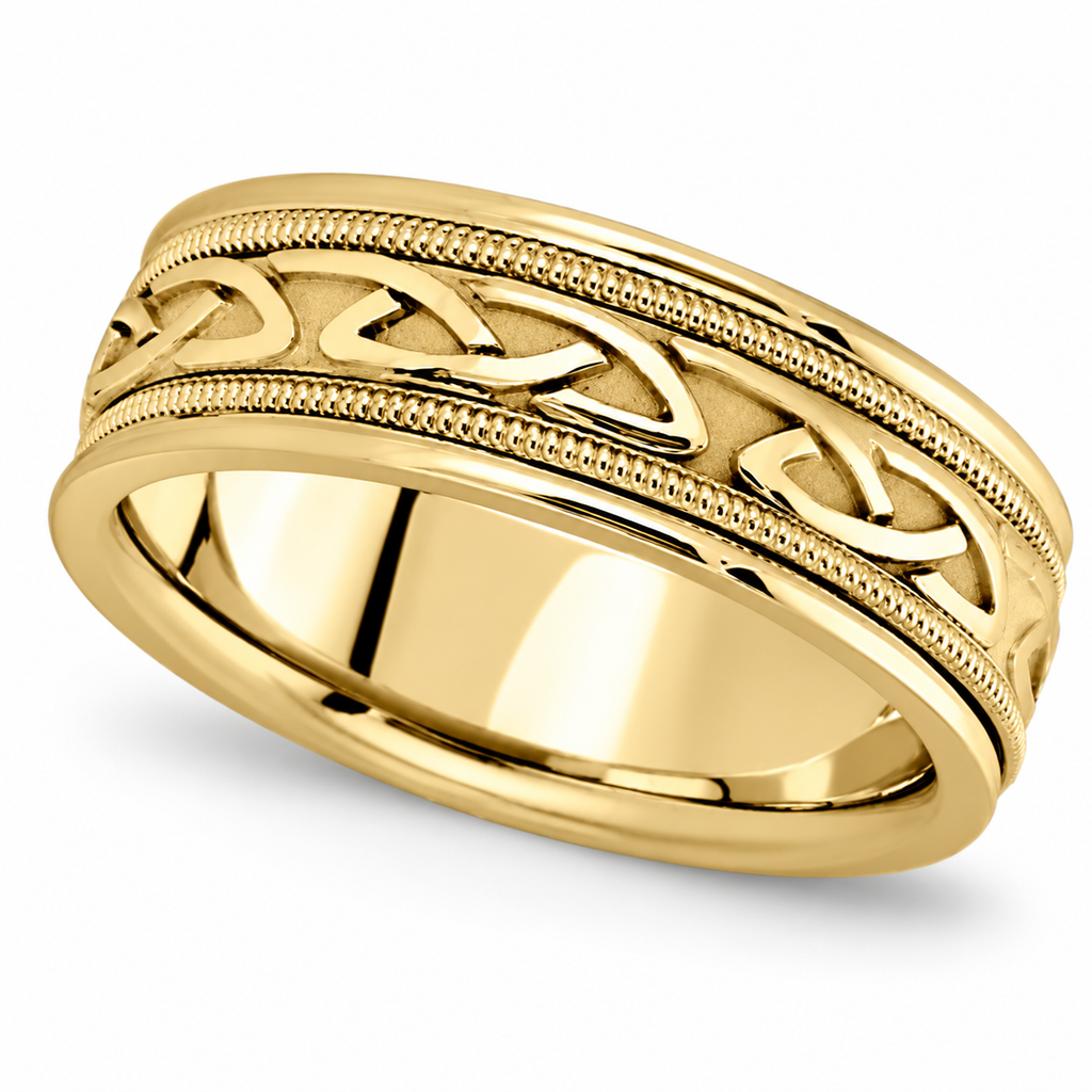 UB402 6mm 14k yellow gold Celtic wedding band, angled hero with natural shadow