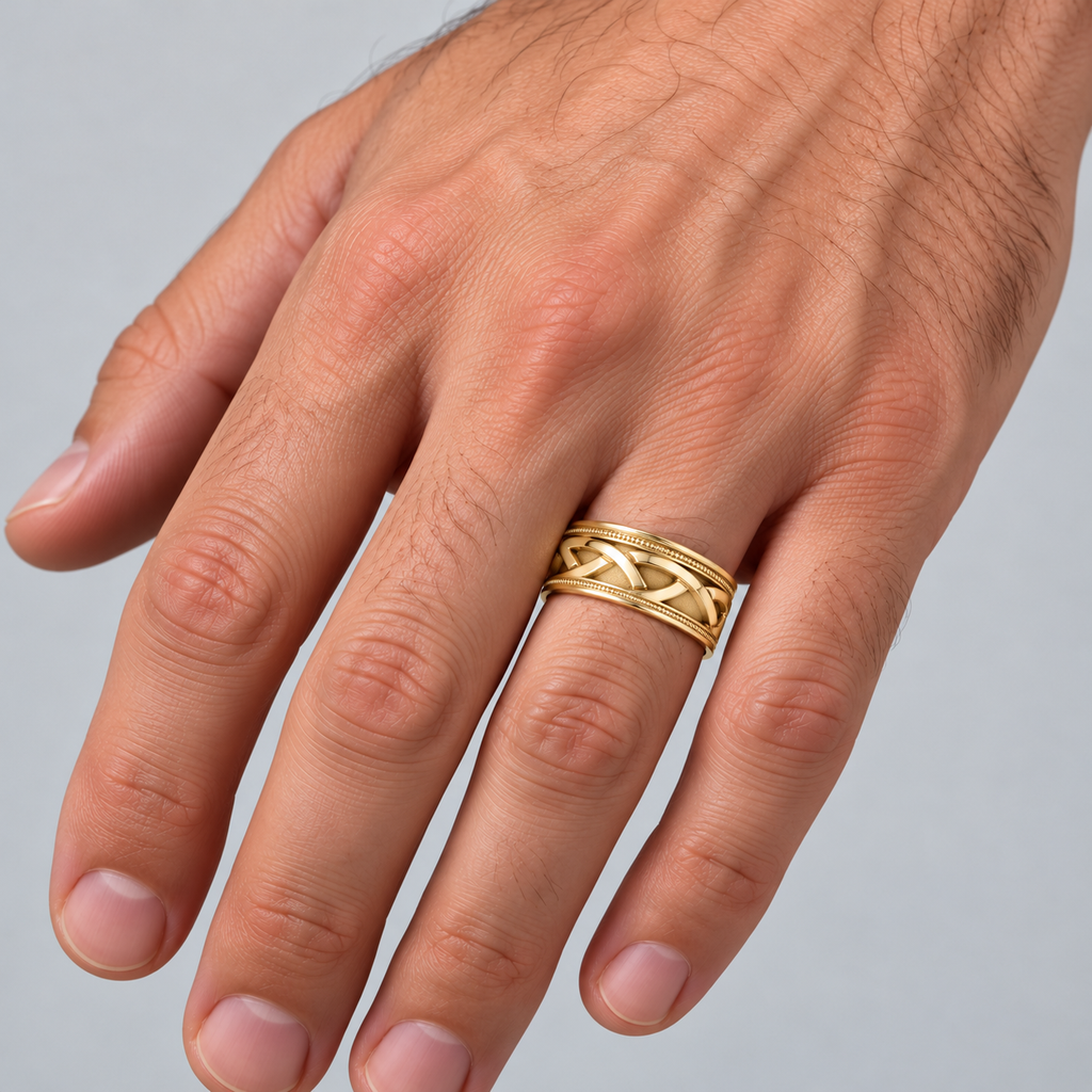 UB402 6mm Celtic yellow gold wedding band on man's left ring finger