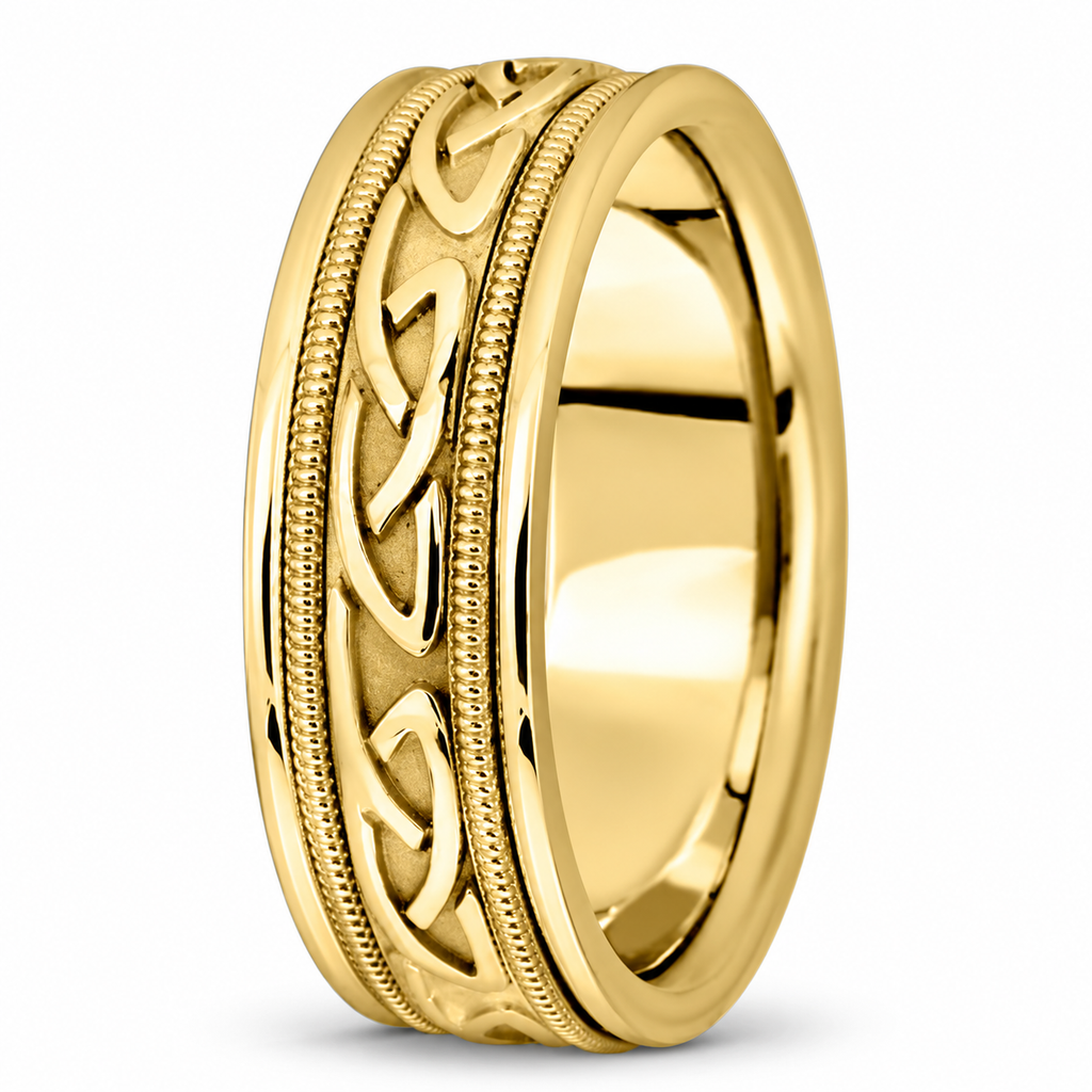 UB402 Celtic yellow gold wedding band, upright side view with natural shadow