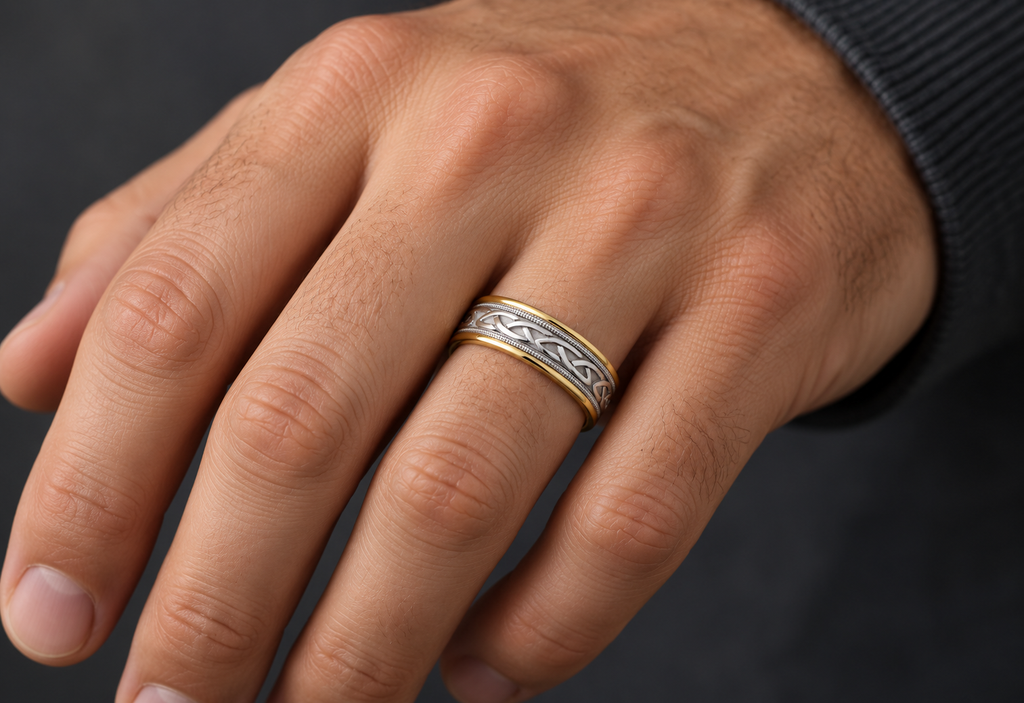 Hand Made Celtic Wedding Band 6mm - men's hand close-up