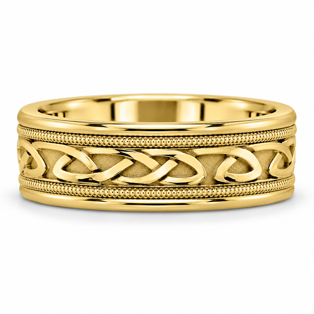 Hand Made Celtic Wedding Band in 18k Yellow Gold (6mm) - Front product view with natural shadow