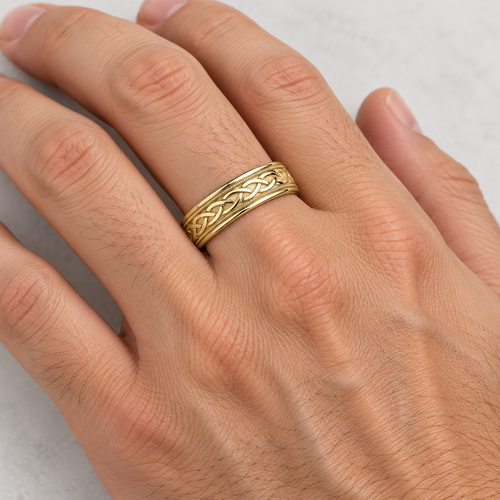 Hand Made Celtic Wedding Band in 18k Yellow Gold (6mm) - Male hand wearing wedding band