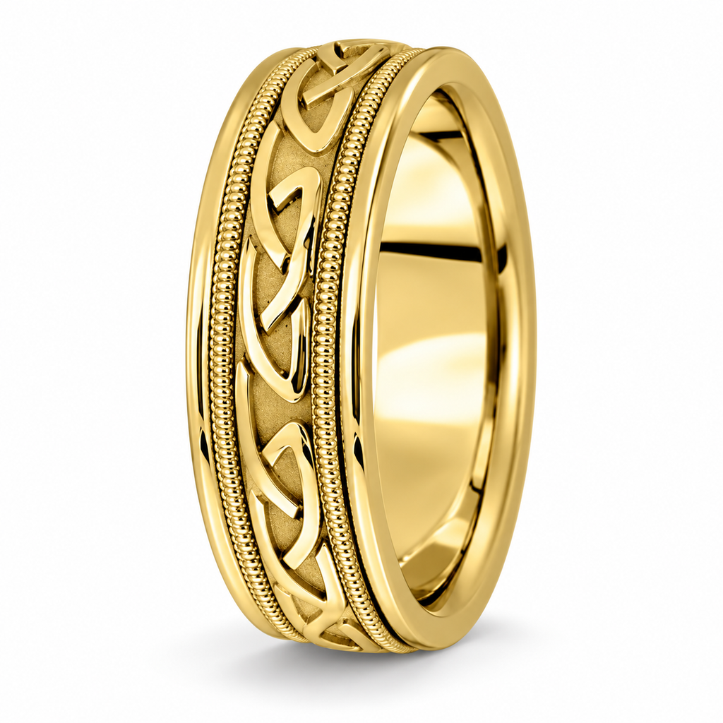 Hand Made Celtic Wedding Band in 18k Yellow Gold (6mm) - Upright product view with natural shadow