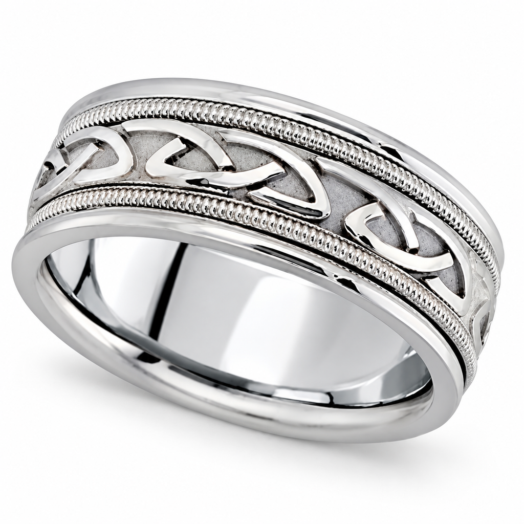 8mm 14k white gold Celtic wedding band hero
