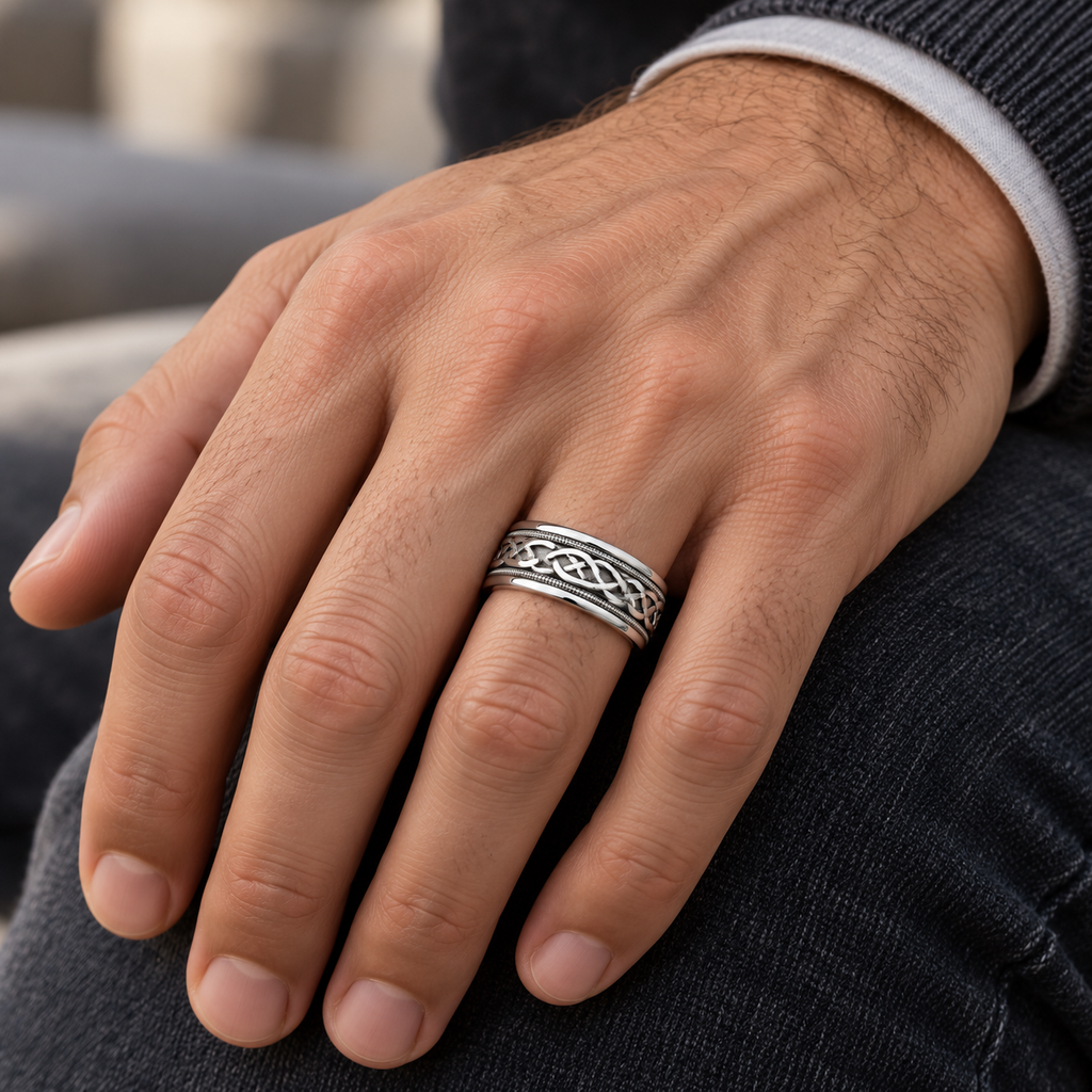Man wearing 8mm 14k white gold Celtic wedding band