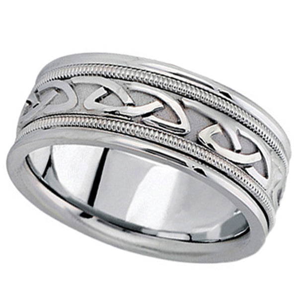 8mm 14k white gold Celtic wedding band angled view