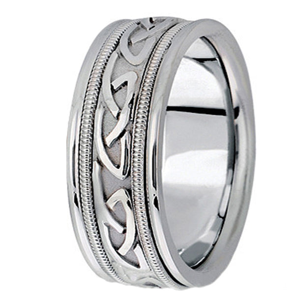 8mm 14k white gold Celtic wedding band upright view