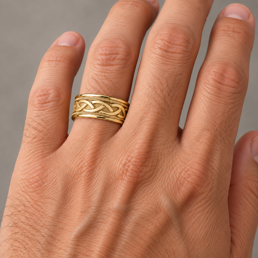 Hand Made Celtic Wedding Band in 14k Yellow Gold (8mm) — Male hand wearing 8mm wedding band