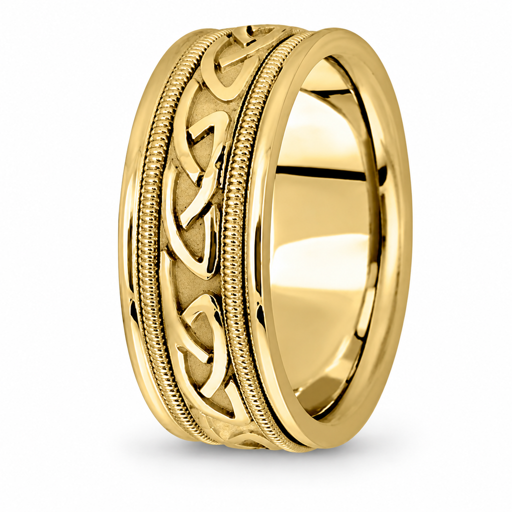 Hand Made Celtic Wedding Band in 14k Yellow Gold (8mm) — side