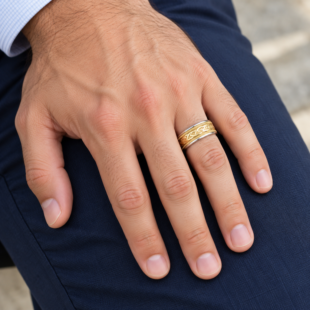 Hand Made Celtic Wedding Band in 14k Two Tone Gold (8mm) - Male hand wearing wedding band
