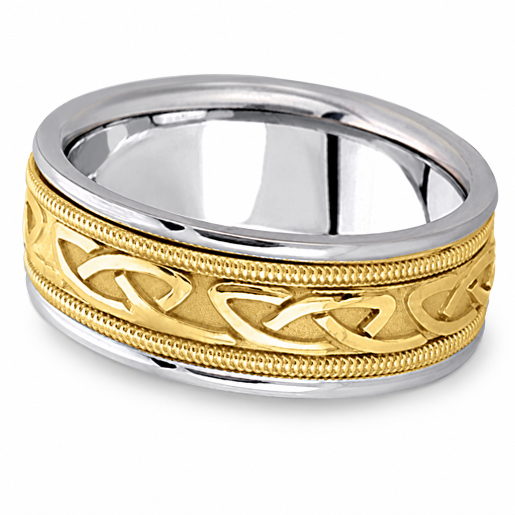 Hand Made Celtic Wedding Band in 14k Two Tone Gold (8mm) - Product view on white