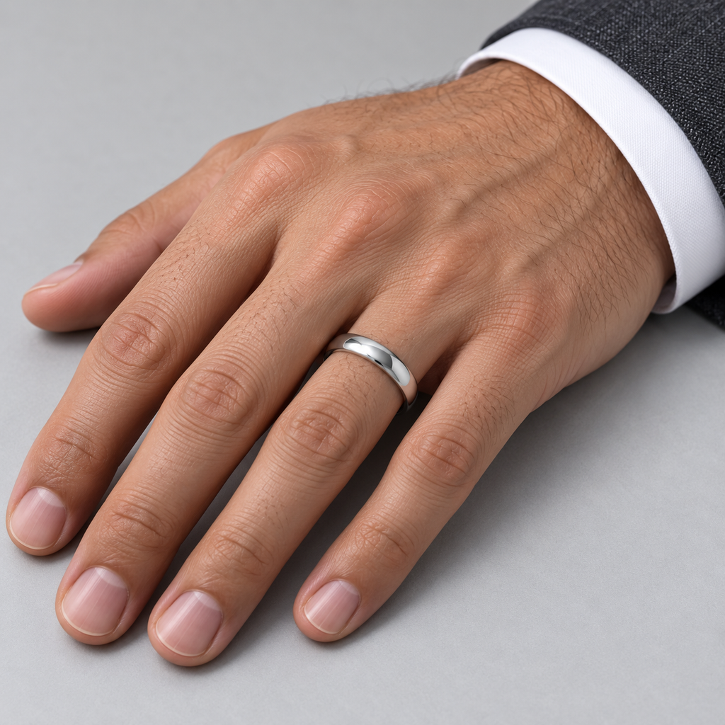 Dome Comfort Fit Wedding Ring Band Palladium (4mm) — male hand studio image