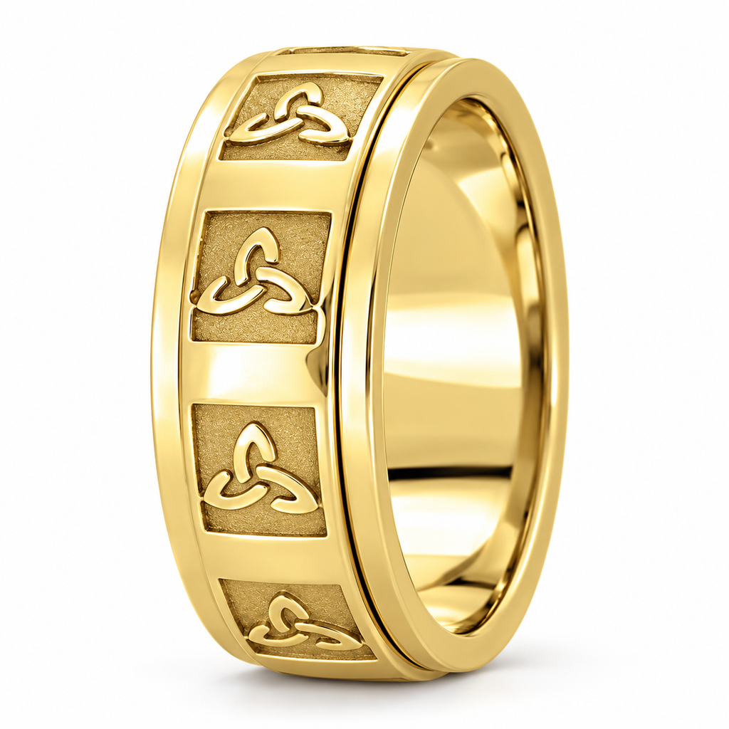 UB429 10mm yellow gold Celtic wedding band upright view