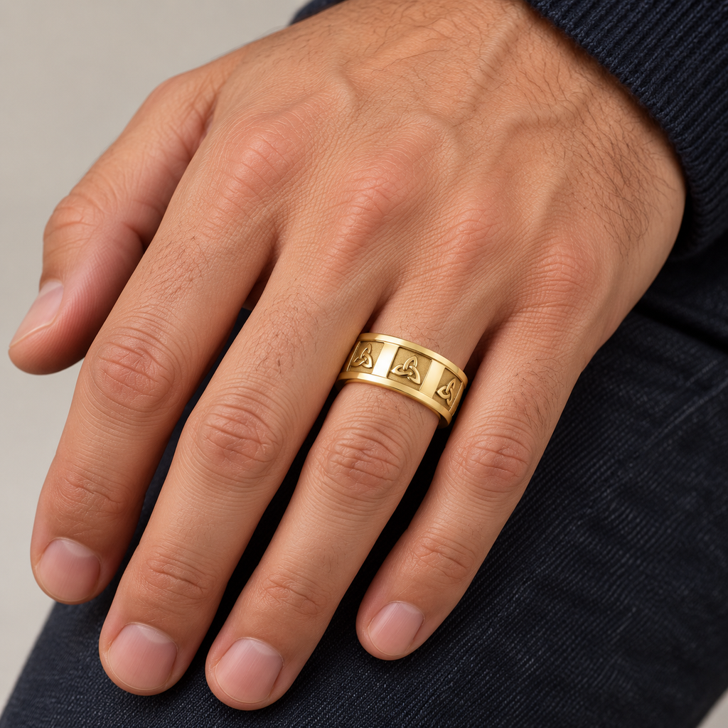 UB429 10mm yellow gold Celtic wedding band on male hand