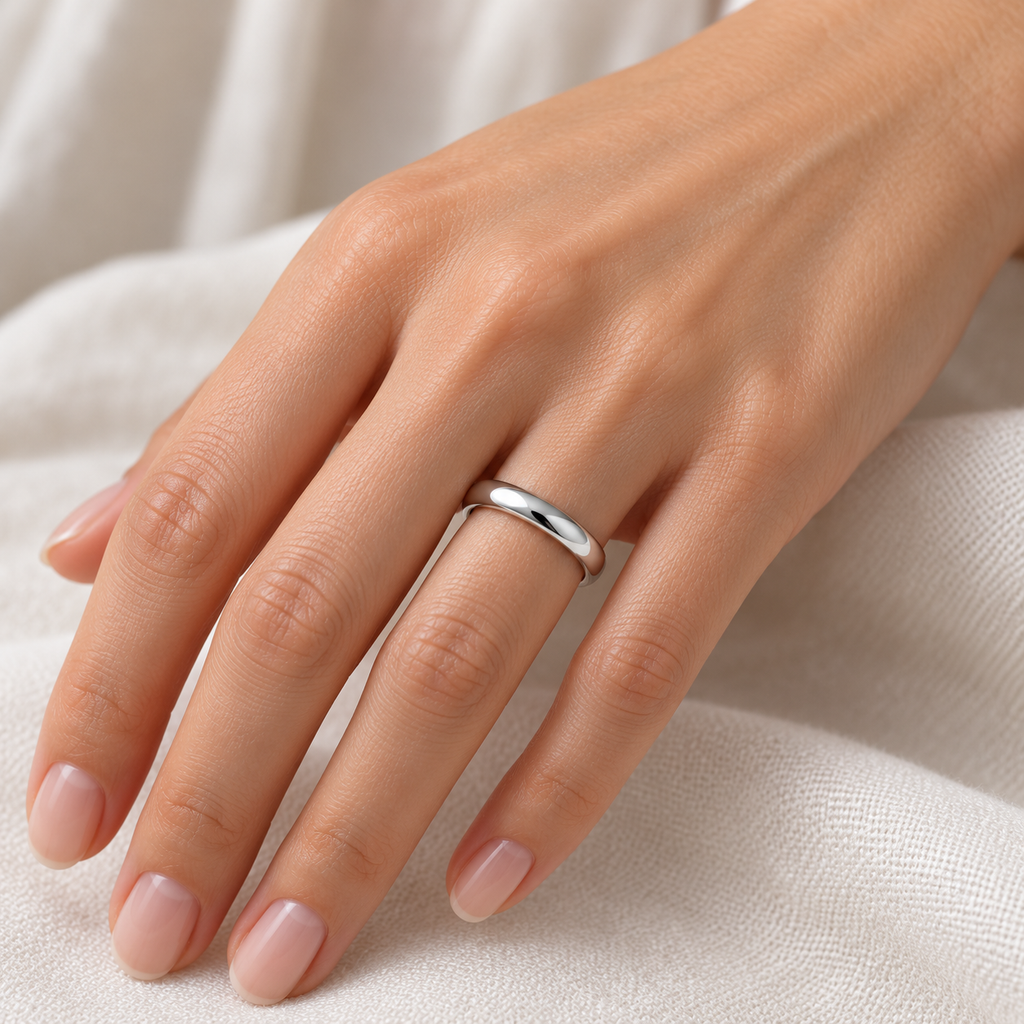 Dome Comfort Fit Wedding Ring Band 14k White Gold (3mm) — female hand