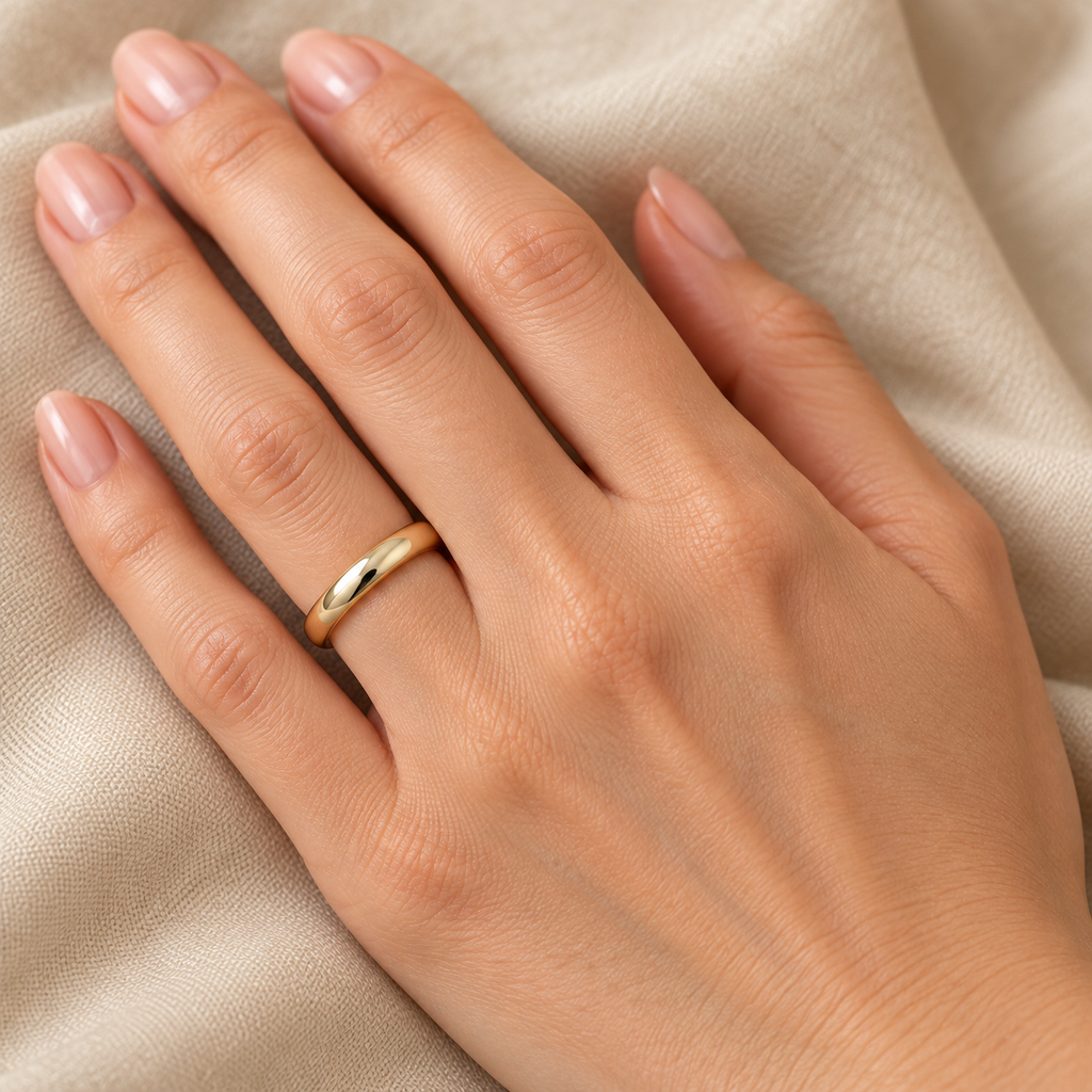 Dome Comfort Fit Wedding Ring Band 14k Yellow Gold (3mm) — female hand wearing wedding band