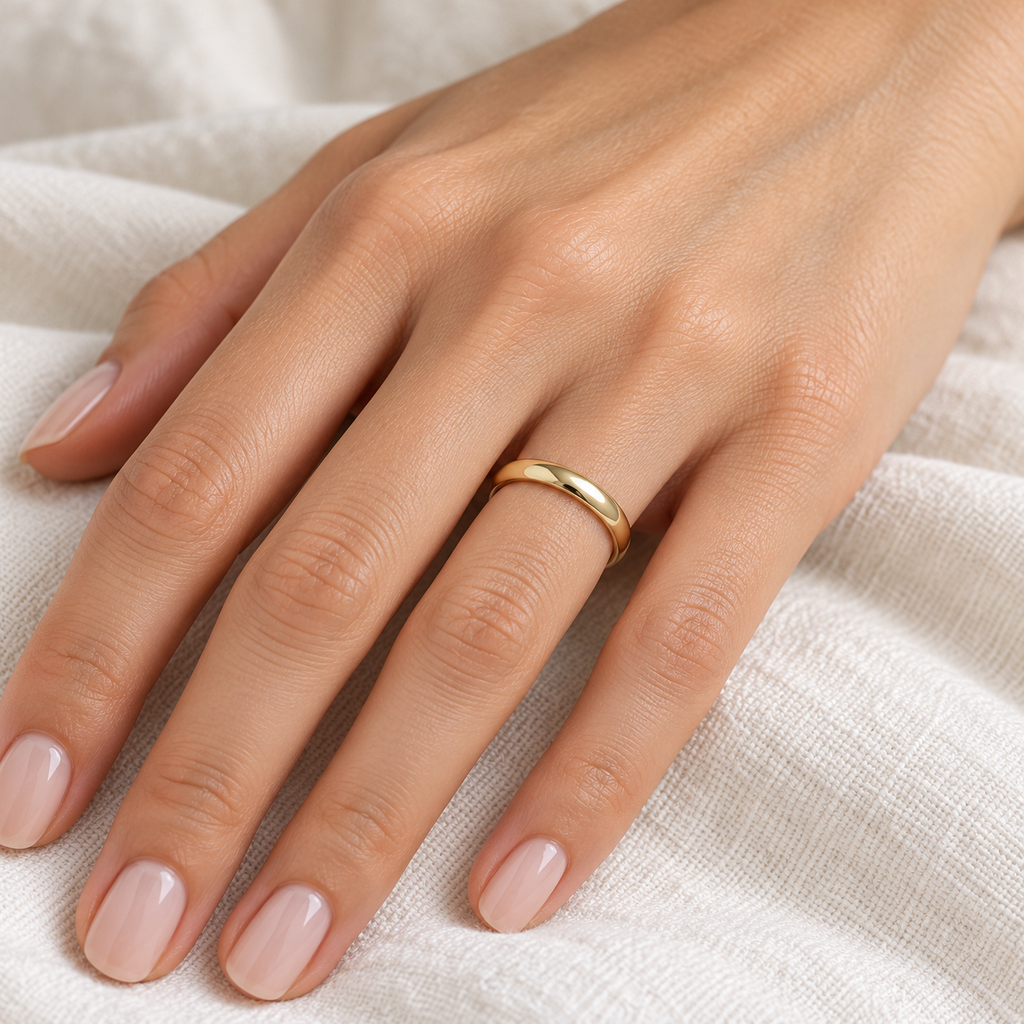 Dome Comfort Fit Wedding Ring Band 18k Yellow Gold (3mm) — Female hand wearing 3mm wedding band