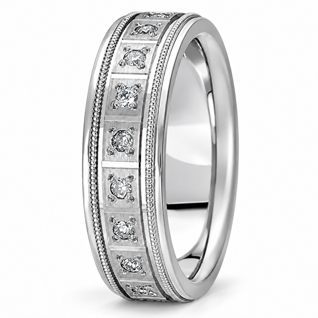 Palladium pave diamond wedding band upright alternate view