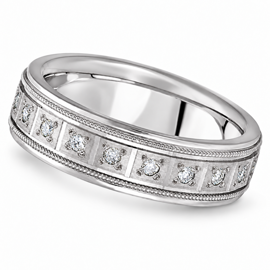 Pave diamond 7mm palladium wedding band hero