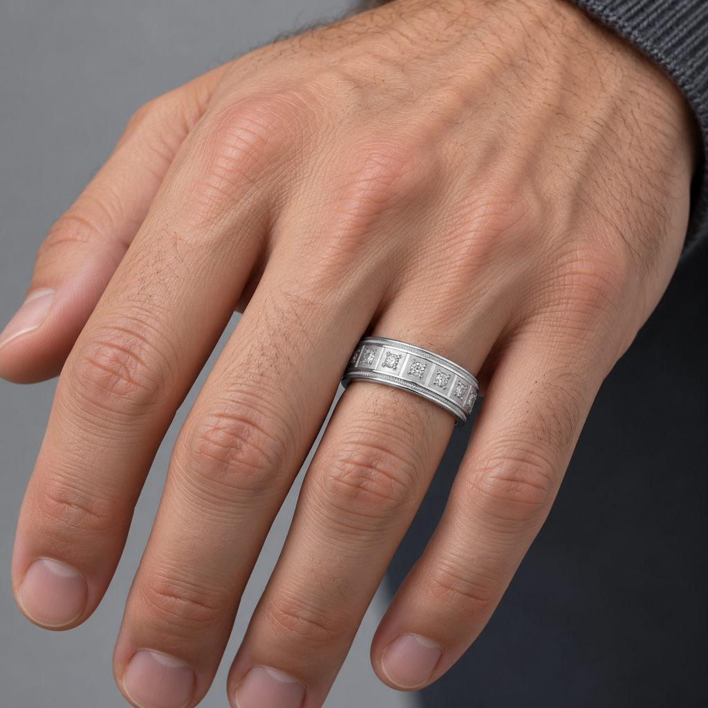 7mm palladium pave diamond wedding band on male hand