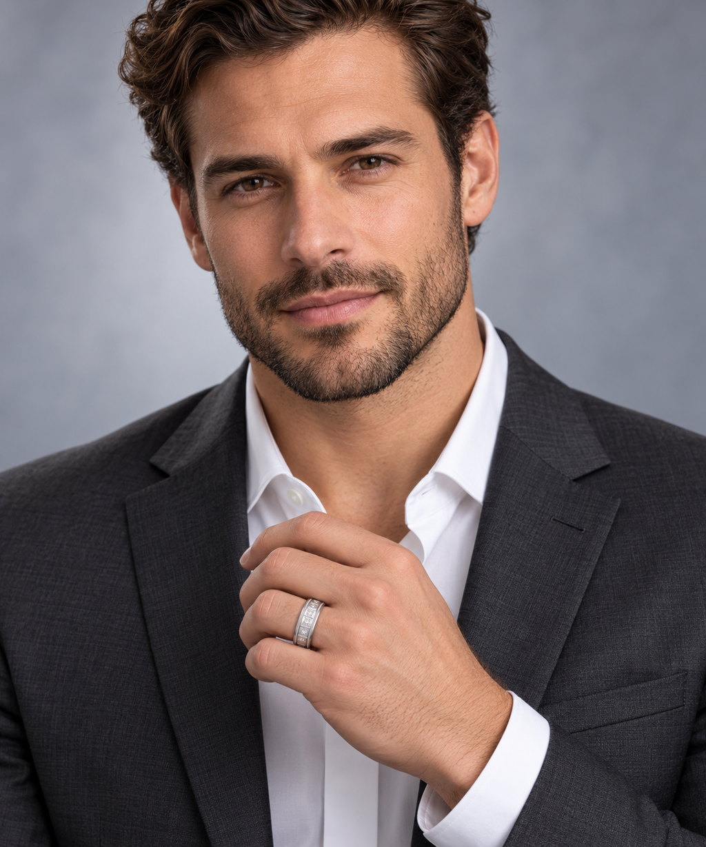 Male portrait wearing 7mm palladium pave diamond wedding band