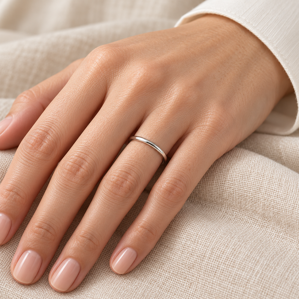 Dome Comfort Fit Wedding Ring Band 14k White Gold (2mm) — female hand wearing wedding band