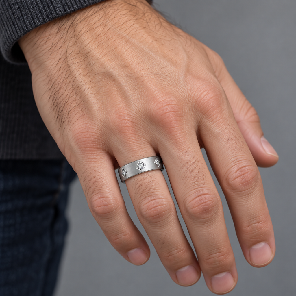 7mm platinum princess-cut diamond wedding band on male hand