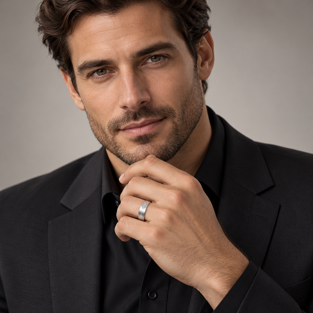 Male portrait wearing 7mm platinum princess-cut diamond wedding band
