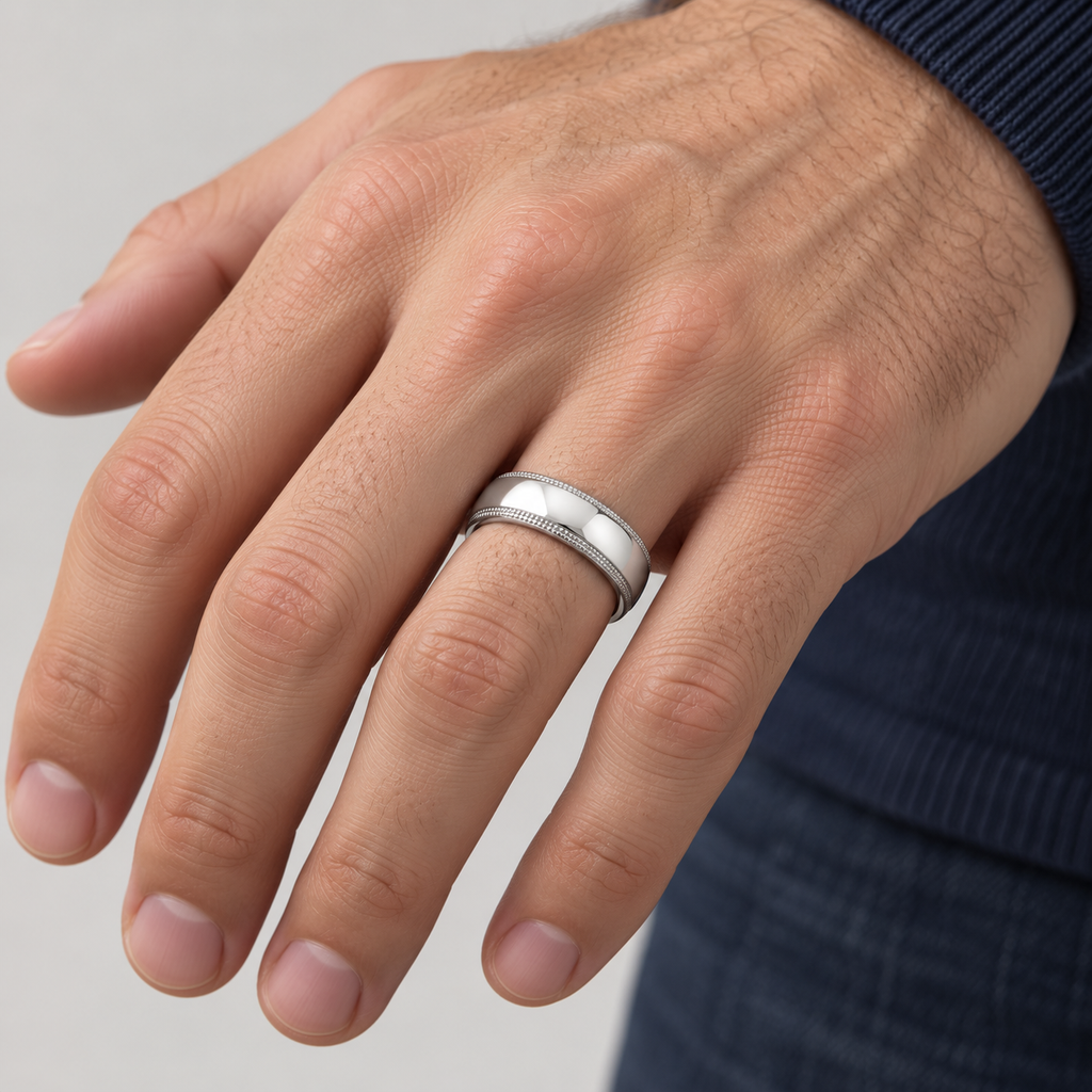 6 mm 950 platinum dome milgrain wedding band on a man's ring finger