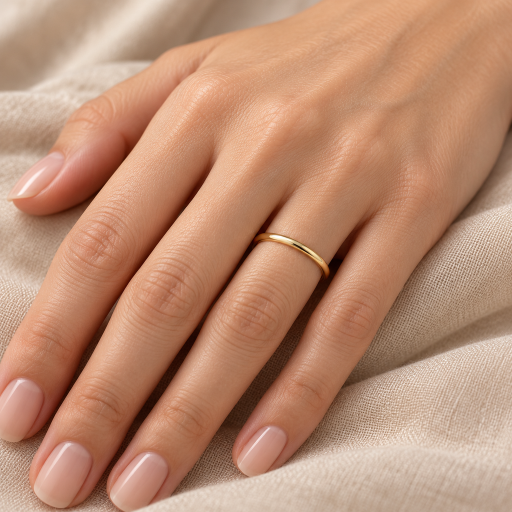 Dome Comfort Fit Wedding Ring Band 14k Yellow Gold (2mm) — female hand wearing wedding band